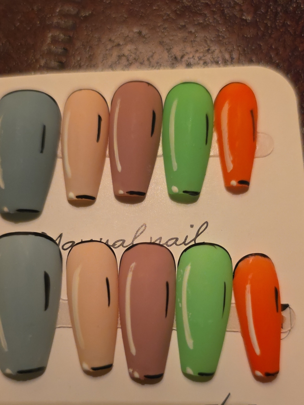 Artificial Nail Tips Set - Green, Orange, Blue, Nude, Mauve Size Large